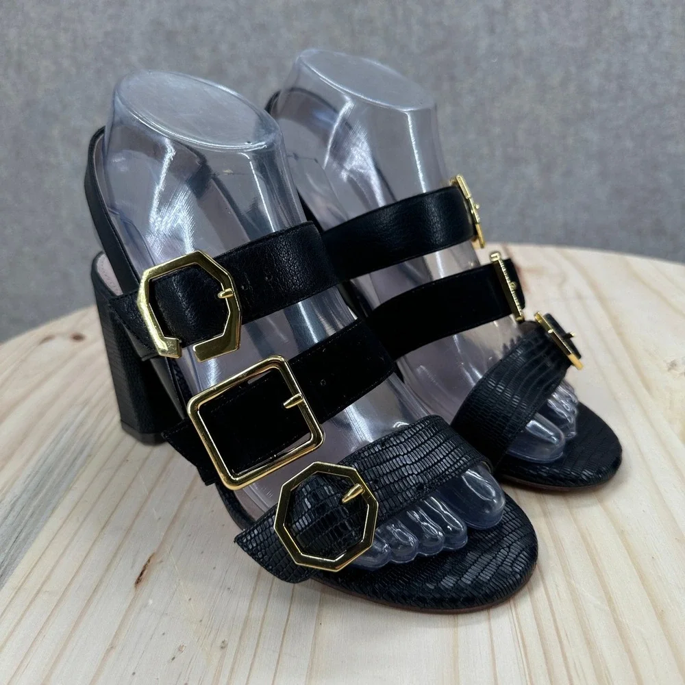 Louise et Cie Block Heel Sandals Womens 6 Black Lizard Embossed Triple Buckle